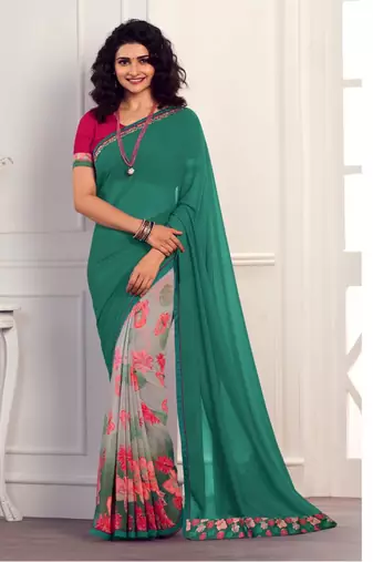 sage green printed georgette saree with blouse