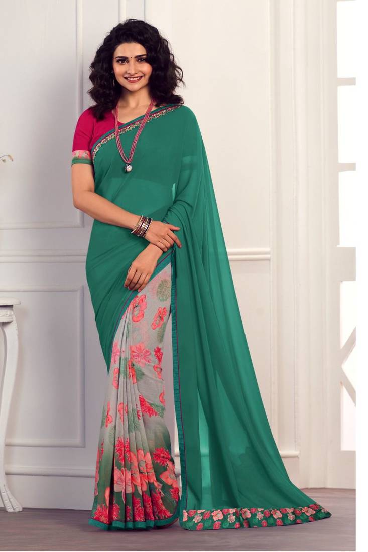 sage green printed georgette saree with blouse