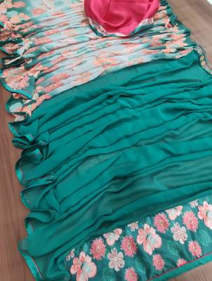 sage green printed georgette saree with blouse 2