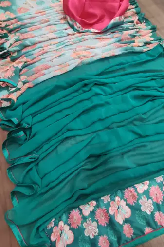 sage green printed georgette saree with blouse