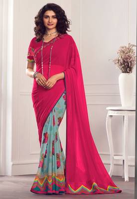 pink green printed georgette saree with blouse 1