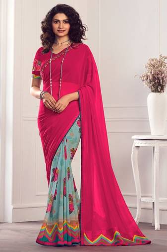 pink green printed georgette saree with blouse