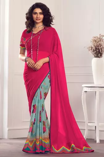 pink green printed georgette saree with blouse