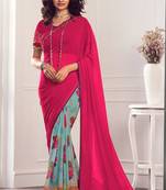pink green printed georgette saree with blouse