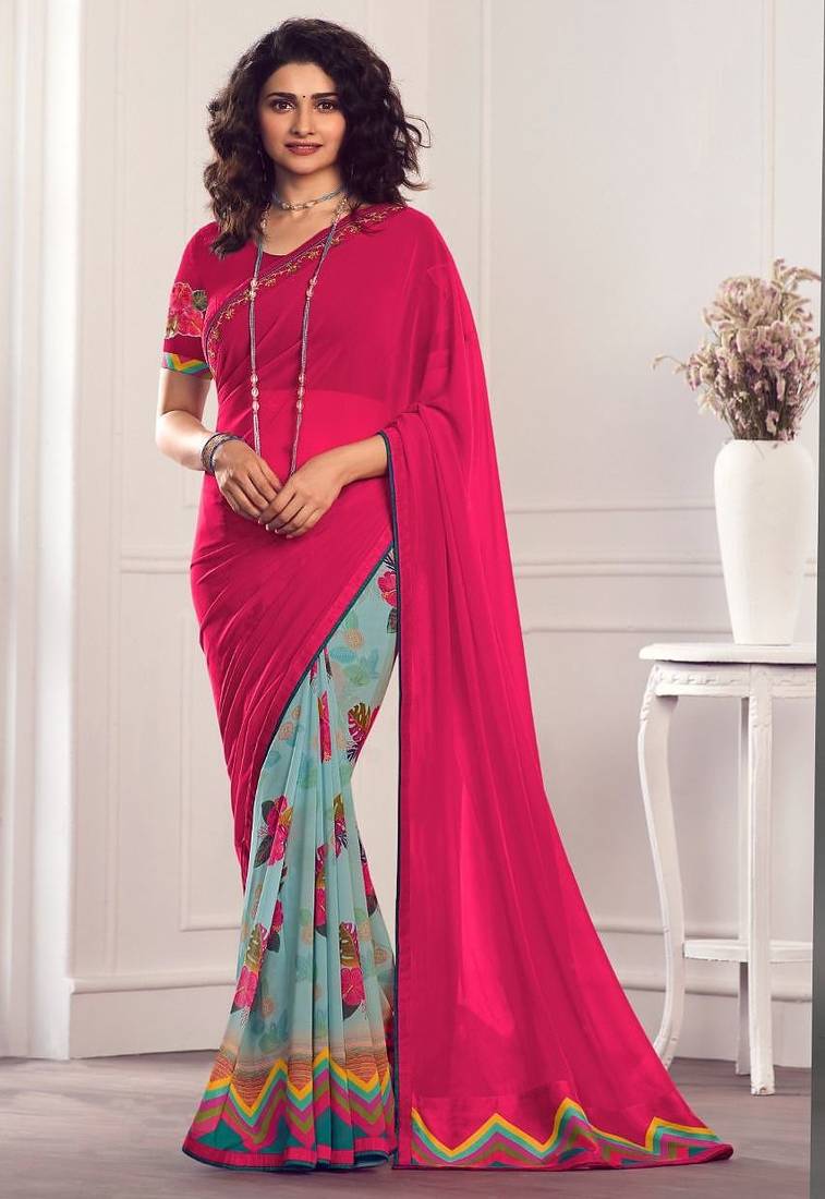 pink green printed georgette saree with blouse