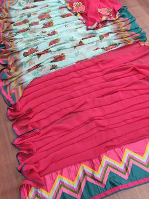 pink green printed georgette saree with blouse 2