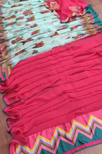 pink green printed georgette saree with blouse