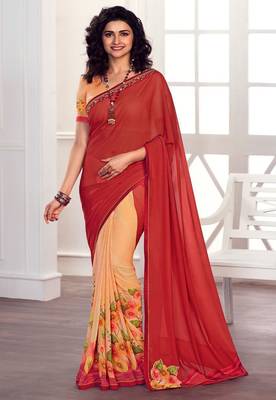 orange printed georgette saree with blouse 1
