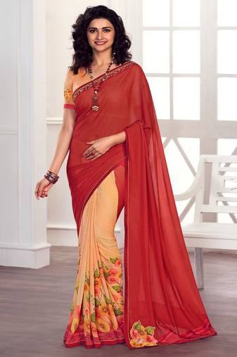 orange printed georgette saree with blouse