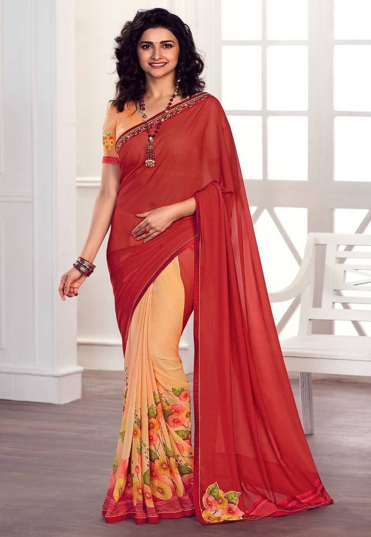 orange printed georgette saree with blouse