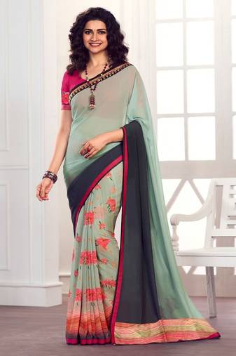 sage green printed georgette saree with blouse