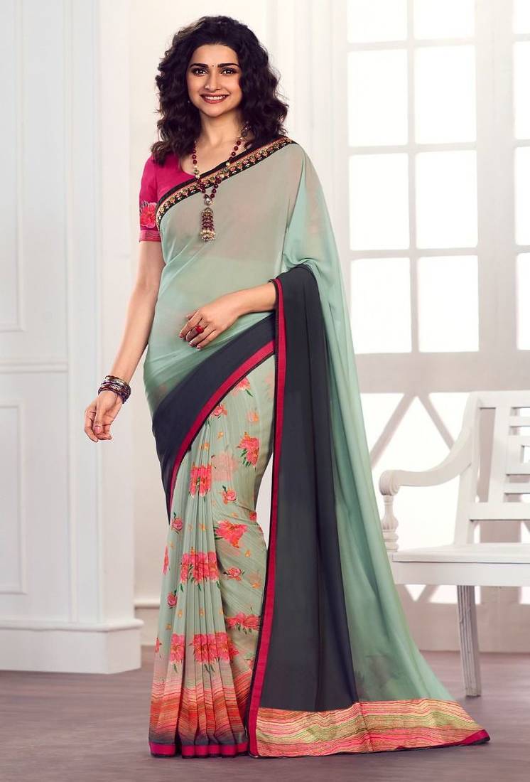 sage green printed georgette saree with blouse