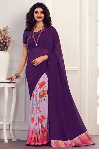 purple printed georgette saree with blouse