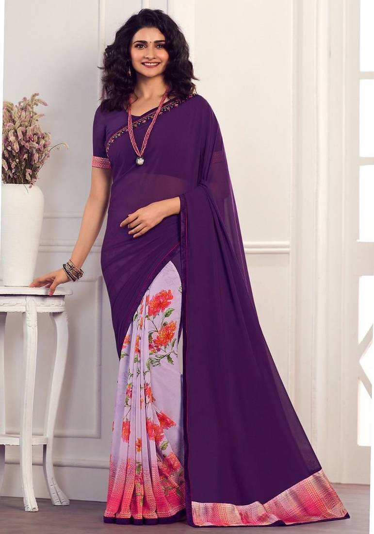 purple printed georgette saree with blouse