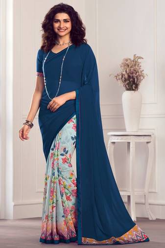 navy blue printed georgette saree with blouse