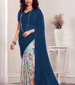 navy blue printed georgette saree with blouse