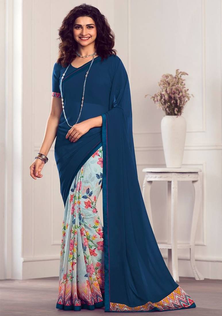 navy blue printed georgette saree with blouse