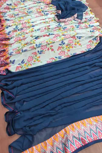 navy blue printed georgette saree with blouse