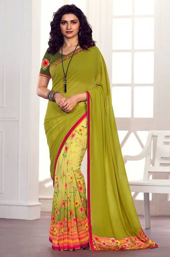 olive printed georgette saree with blouse