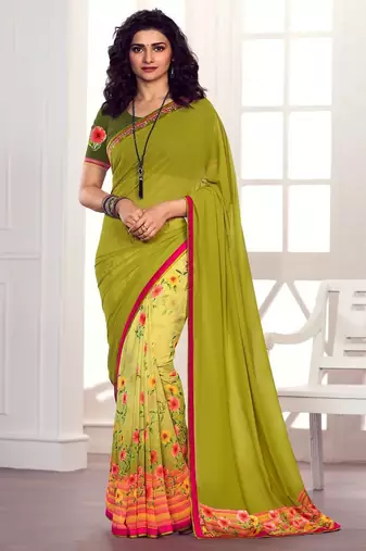 olive printed georgette saree with blouse
