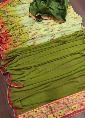 olive printed georgette saree with blouse 2