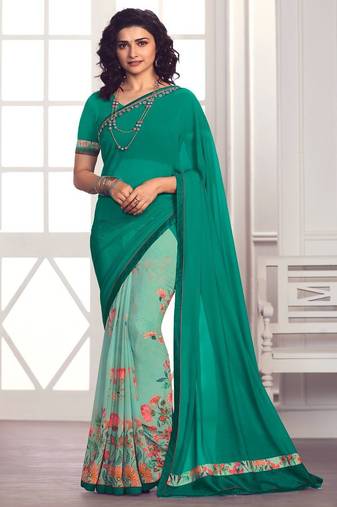 green printed georgette saree with blouse