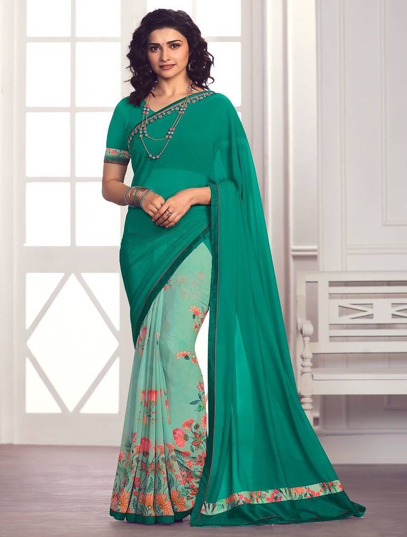 green printed georgette saree with blouse