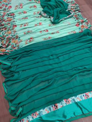 green printed georgette saree with blouse 2