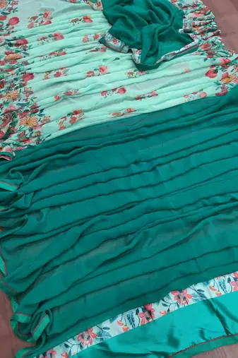 green printed georgette saree with blouse