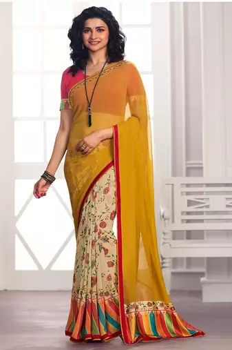 yellow printed georgette saree with blouse