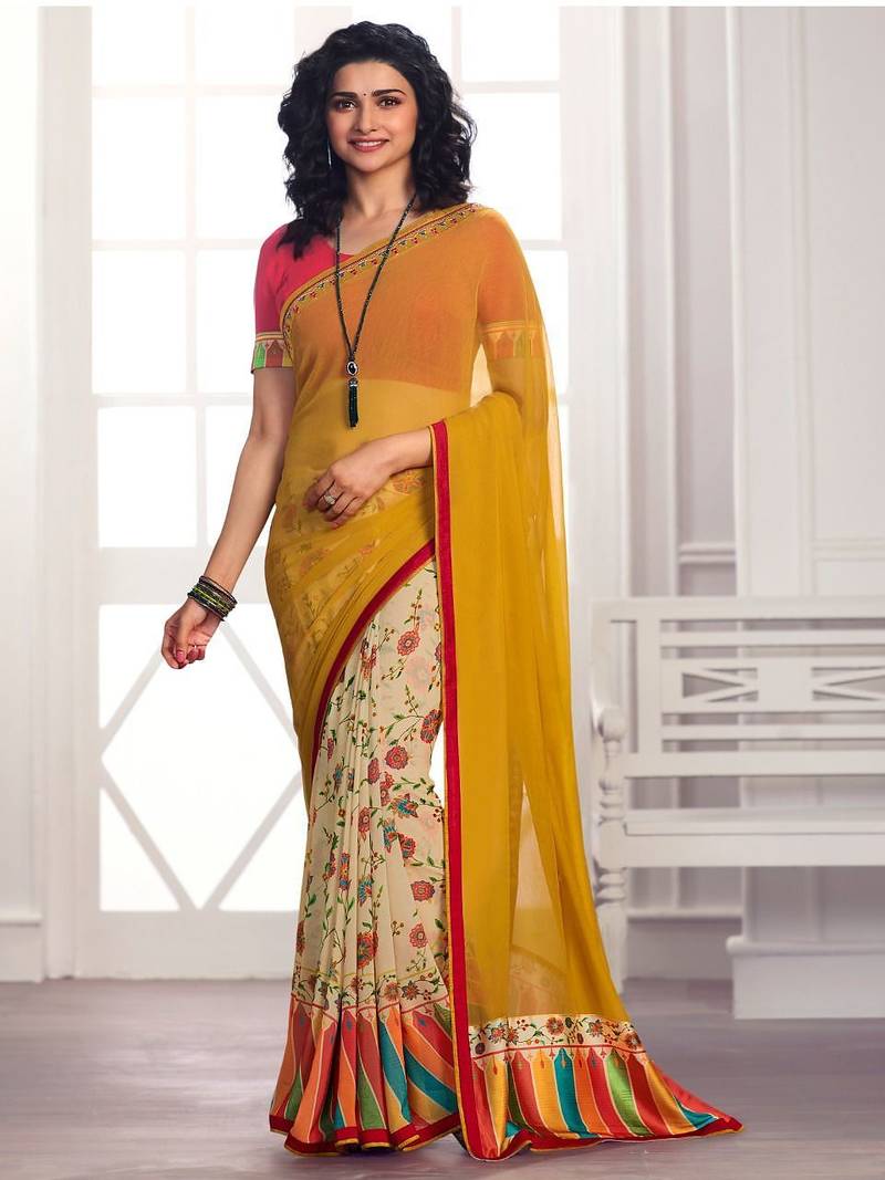 yellow printed georgette saree with blouse
