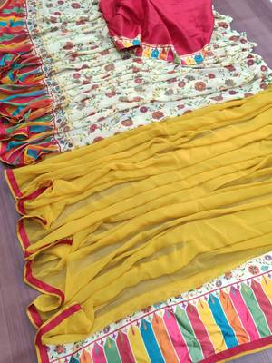 yellow printed georgette saree with blouse 2