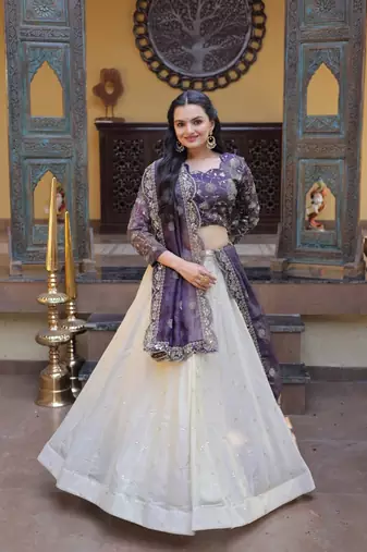 Purple Cosmos Zari Sequins Embroidered Lehenga Choli Set For Women's