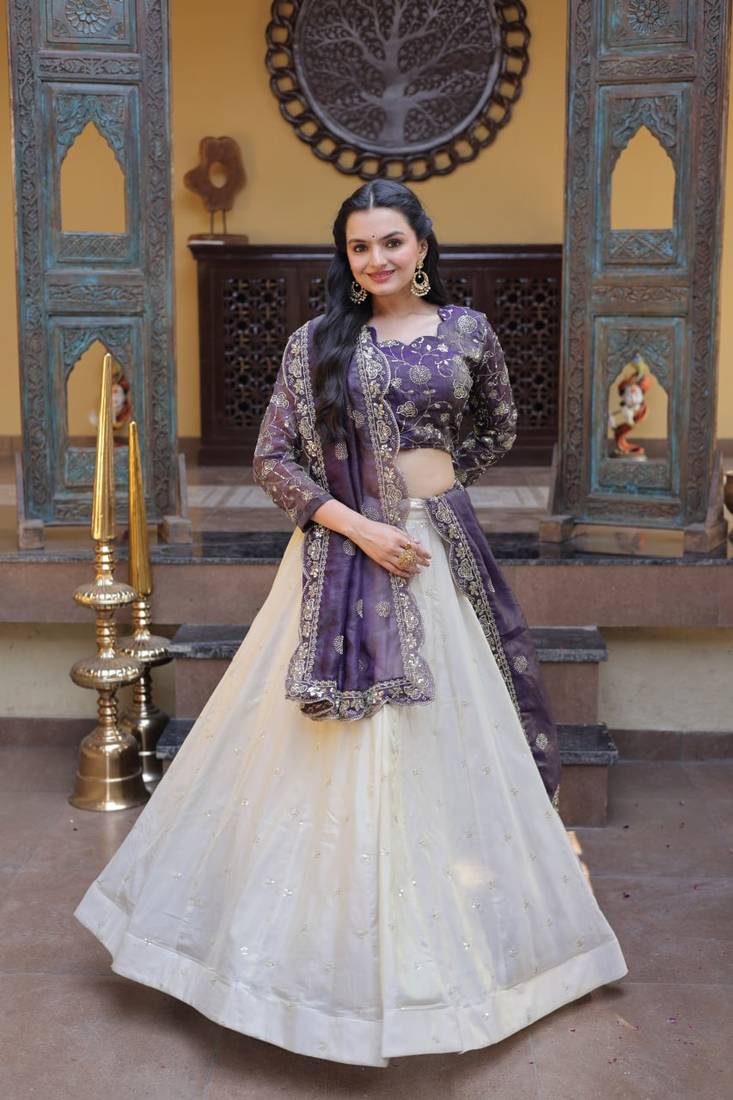 Purple Cosmos Zari Sequins Embroidered Lehenga Choli Set For Women's