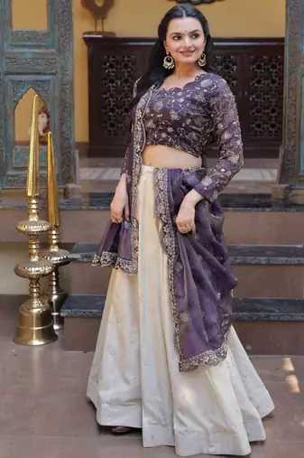 Purple Cosmos Zari Sequins Embroidered Lehenga Choli Set For Women's
