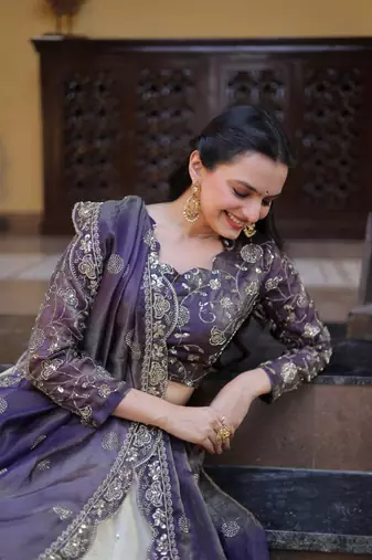 Purple Cosmos Zari Sequins Embroidered Lehenga Choli Set For Women's