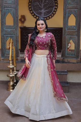 Wine Cosmos Zari Sequins Embroidered Lehenga Choli Set