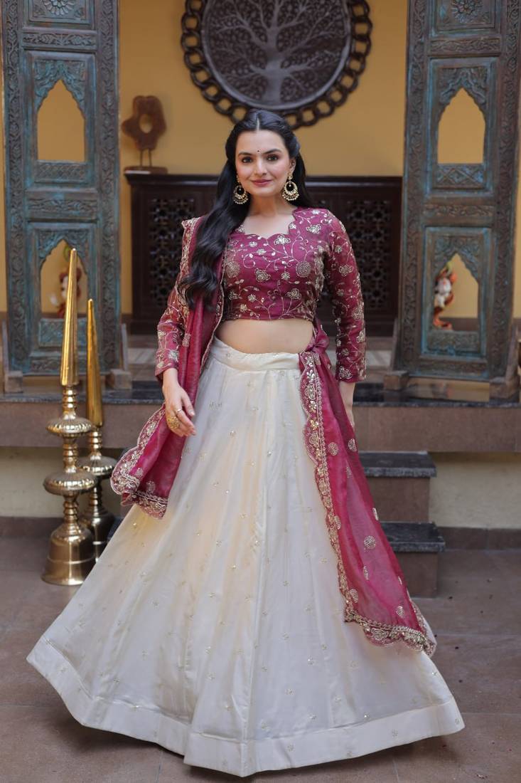 Wine Cosmos Zari Sequins Embroidered Lehenga Choli Set