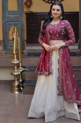 Wine Cosmos Zari Sequins Embroidered Lehenga Choli Set