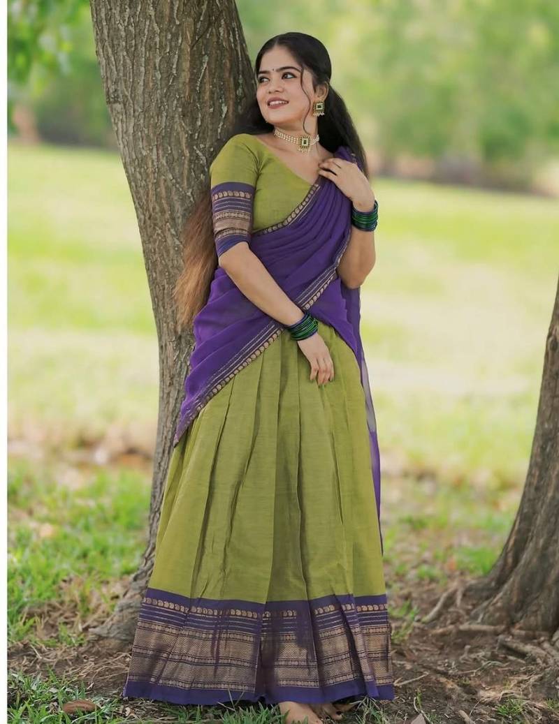 Mehendi kanjivaram silk blend with zari weaving work lehenga for traditional