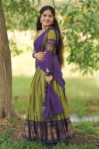 Mehendi kanjivaram silk blend with zari weaving work lehenga for traditional