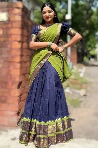 Navyblue kanjivaram silk half blend lehenga saree with blouse and dupatta