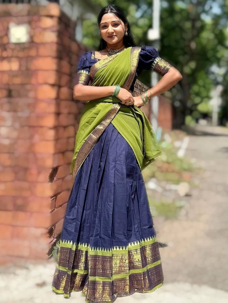 Navyblue kanjivaram silk half blend lehenga saree with blouse and dupatta