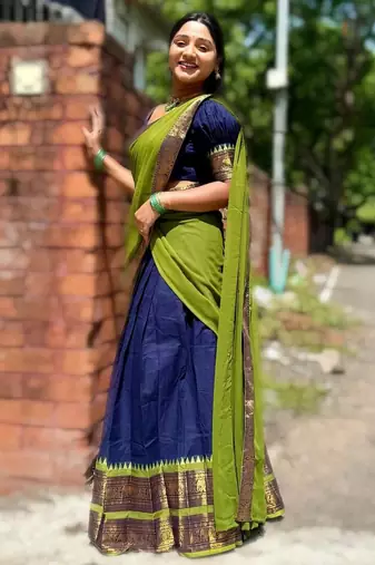 Navyblue kanjivaram silk half blend lehenga saree with blouse and dupatta