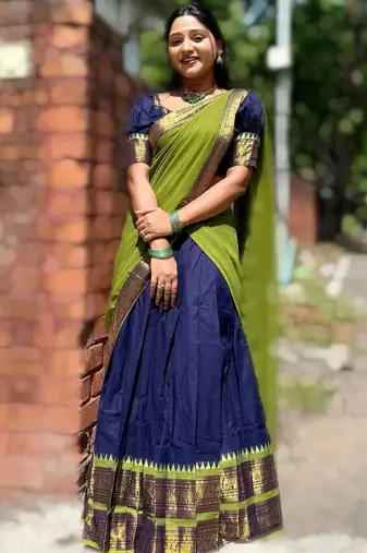 Navyblue kanjivaram silk half blend lehenga saree with blouse and dupatta