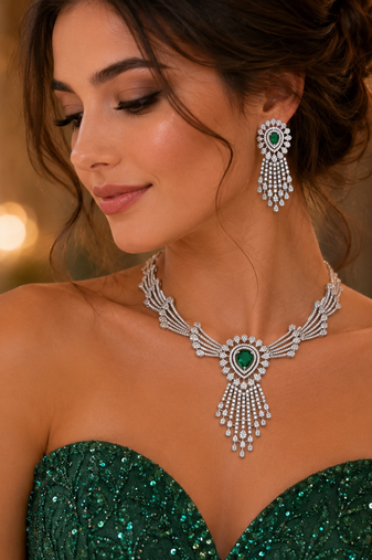 Emerald Green Crystal Bridal Jewelry Set, Silver Wedding Necklace and Chandelier Earrings, CZ Indian Bridal Set