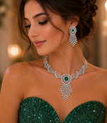Emerald Green Crystal Bridal Jewelry Set, Silver Wedding Necklace and Chandelier Earrings, CZ Indian Bridal Set
