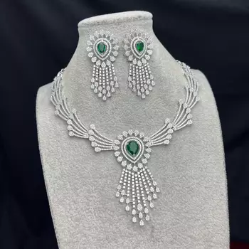 Emerald Green Crystal Bridal Jewelry Set, Silver Wedding Necklace and Chandelier Earrings, CZ Indian Bridal Set 2