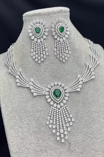 Emerald Green Crystal Bridal Jewelry Set, Silver Wedding Necklace and Chandelier Earrings, CZ Indian Bridal Set