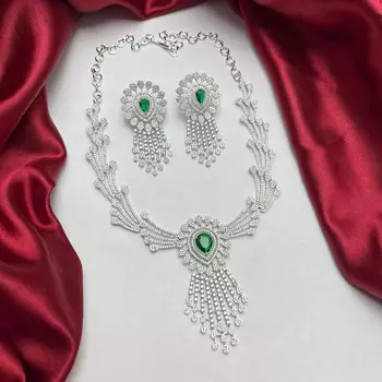 Emerald Green Crystal Bridal Jewelry Set, Silver Wedding Necklace and Chandelier Earrings, CZ Indian Bridal Set 3